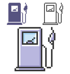 Pixel icon of fuel station in three variants. Fully editable