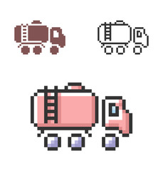 Pixel icon of fuel truck in three variants. Fully editable