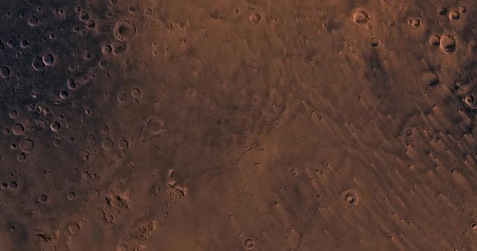 Very high altitude aerial flyover of Mars' western Mare Tyrrhenum region. No HUD. Clip is reversible and can be rotated 180 degrees. Data: NASA/JPL/USGS