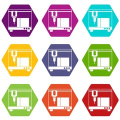 3D printer icon set color hexahedron