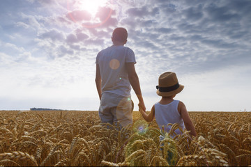 Father and son look at the sun. Weat field. Backview.
