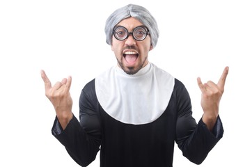 Man wearing nun costume isolated on white