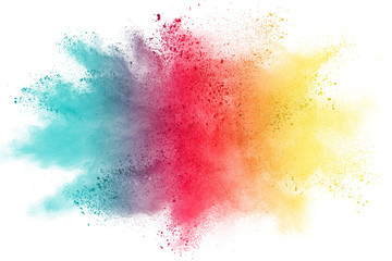 Explosion of colored powder isolated on white background.