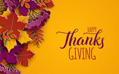 Thanksgiving holiday banner with congratulation text. Autumn tree leaves on yellow background. Autumnal design for fall season poster, thanksgiving greeting card, paper cut style, vector