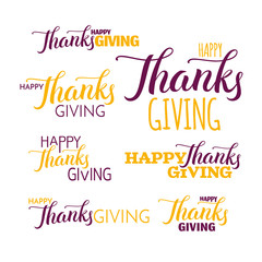Happy thanksgiving hand drawn lettering label in yellow and purple color isolated on white background, brush calligraphy text for invitation, greeting card or holiday design, vector illustration