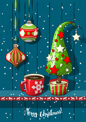 Holidays motive, Christmas decorations with abstract cone tree and cup of coffee, illustration
