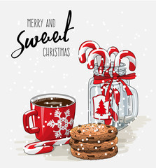 Christmas theme, red cup of coffee with red ribbon, stack of cookies and candy canes in glass jar, illustration