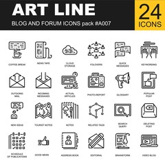 Trendy line icon pack for designers and developers. Vector illustration for social media and network, communication. Tourist notes and post on blog or forum. Video publish and photo repost