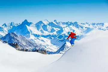 Papier Peint photo Sports dhiver Skiing Vallee Blanche Chamonix with amazing panorama of Grandes Jorasses and Dent du Geant from Aiguille du Midi, Mont Blanc mountain, Haute-Savoie, France