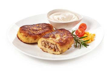 Potato pancakes with meat, isolated on white background