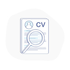 CV icon concept, Curriculum Vitae, Resume symbol. Document and magnifying glass. Flat outline vector illustration sign, Business, Job Searching and Hiring template.