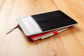 Top view of the table with office accessories
