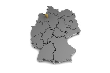 metal germany map, with bremen region, highlighted in gold.3d render
