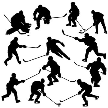 Ice hockey players silhouettes set