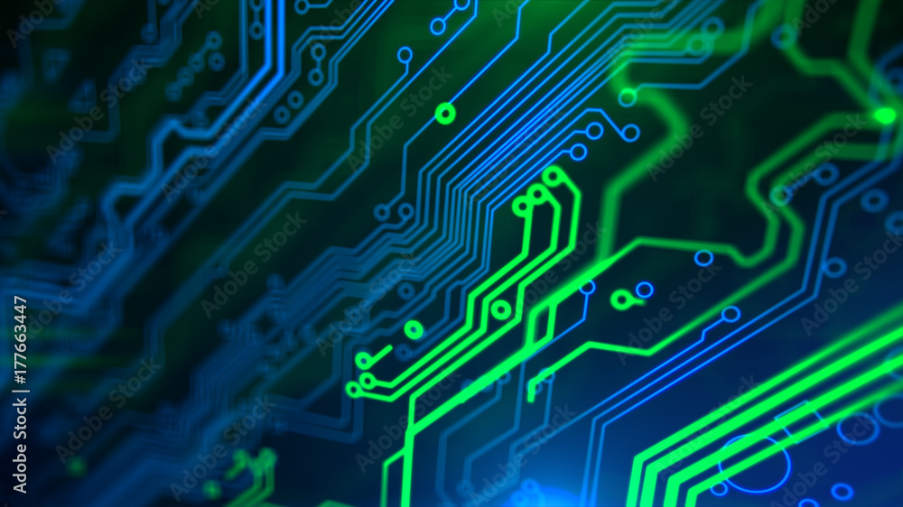Poster blue, green neon background with digital integrated network technology. printed circuit board. techn