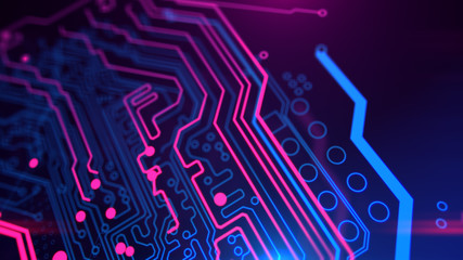 Purple, violet, blue neon background with digital integrated network technology. Printed circuit board. 3D illustration. Circuit board futuristic server code processing. PCB, Code, HTML.