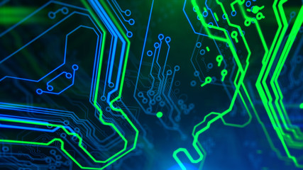 Blue, green neon background with digital integrated network technology. Printed circuit board. Technology background. 3D illustration. Circuit board futuristic server code processing. PCB, Code, HTML.