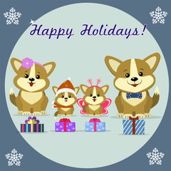 Christmas card four cute dog corgi, a family, sit next to gift boxes, in a round frame.