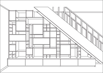3D vector. Modern bookshelf furniture design in the light interior. Home library. Home Interior Design Software Programs. Asymmetric.