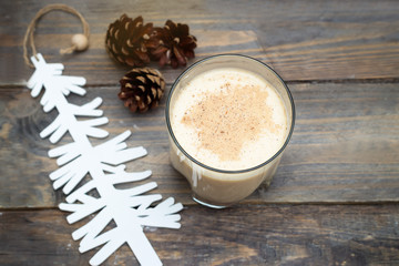 Eggnog cocktail  for Christmas and winter holidays. Flat lay