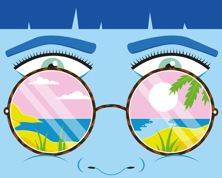 Woman Glasses Reflecting Sunset Beach