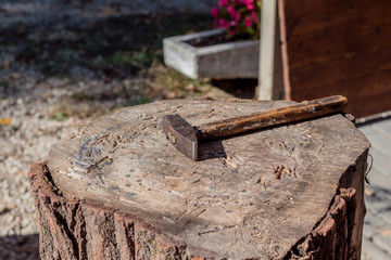A wretched, rusty hammer on a tree stump