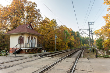 Railroad tracks on the background of autumn forest