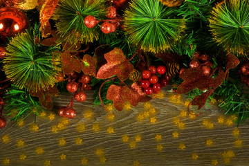 Fototapeta na wymiar Christmas fir tree with decoration on luminous stars background. Merry Christmas and Happy New Year!! Top view.