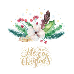 Merry Christmas watercolor bouquets card with floral elements. Happy New Year lettering posters. Winter flower holy jolly decoration.