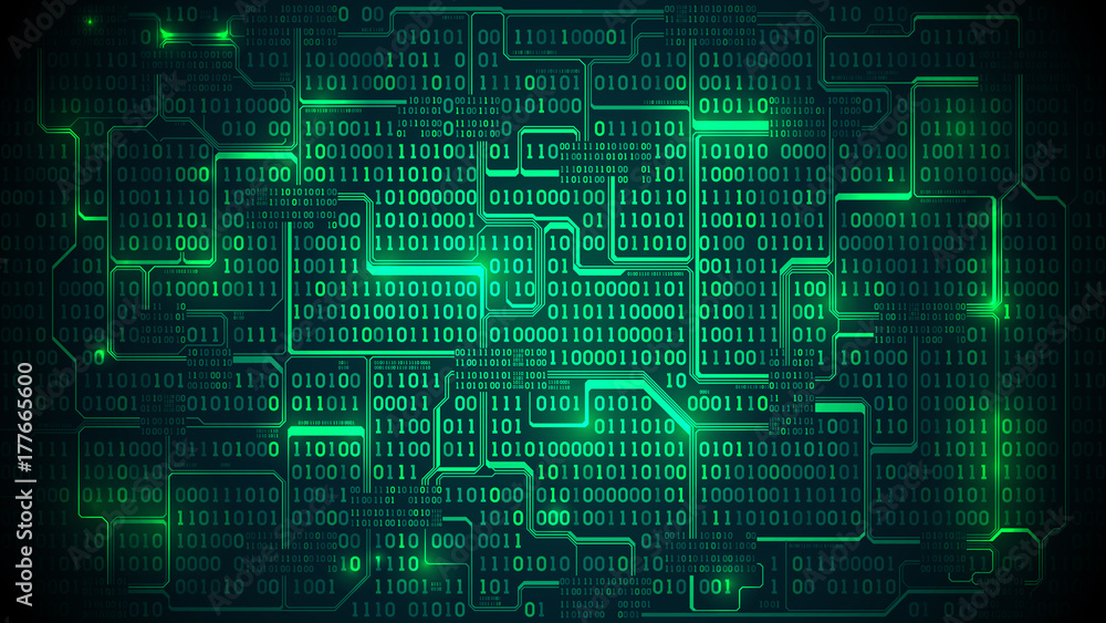Poster abstract futuristic electronic circuit board with binary code, matrix background with digits, well o
