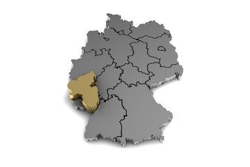 Metal germany map, with Rhineland-Palatinate region, highlighted in gold.3d render
