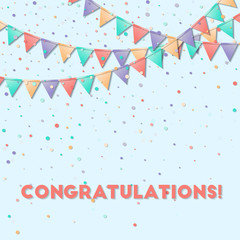 Bunting flags. Magnetic celebration card. Colorful holiday decorations and confetti. Bunting flags vector illustration.