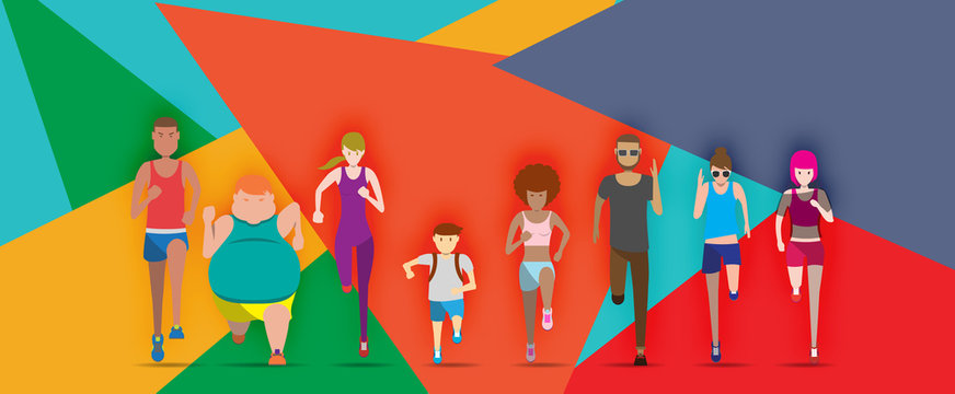 Everybody is running with colorful background - Powered by Adobe