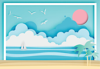Fototapeta na wymiar Beautiful beach paper art style with frame