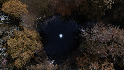 Fall Pond with Fountain Drone