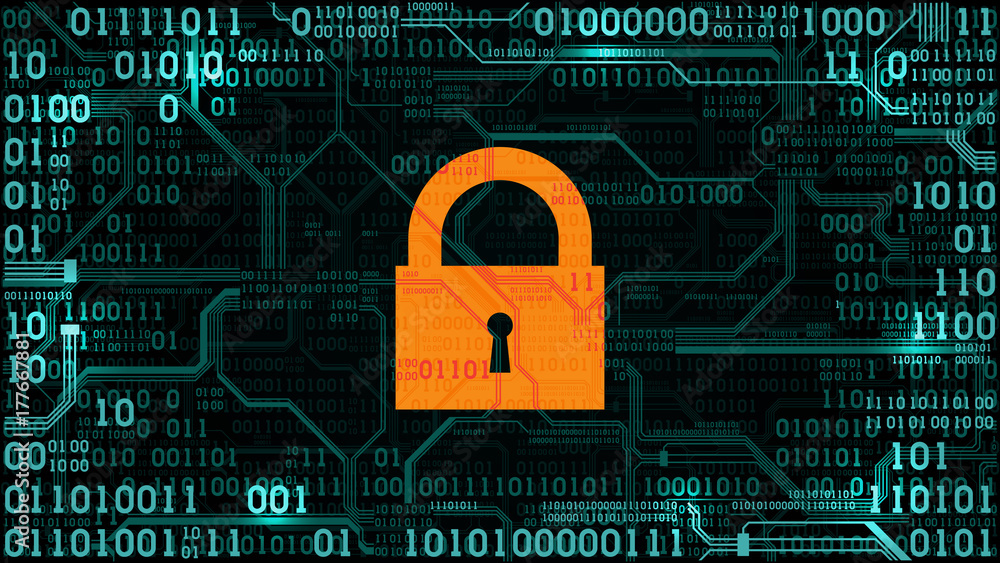 Poster lock on the background abstract futuristic electronic circuit board with binary code, computer digit