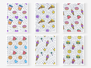 Patch badges food patterns set doodles stickers backgrounds