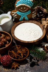 ingredients for Christmas baking, top view vertical