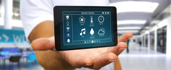 Businessman using smart home remote device 3D rendering