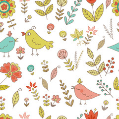 Vintage seamless pattern for your design with birds and flowers