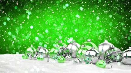 Green and white christmas gifts and baubles lined up 3D rendering
