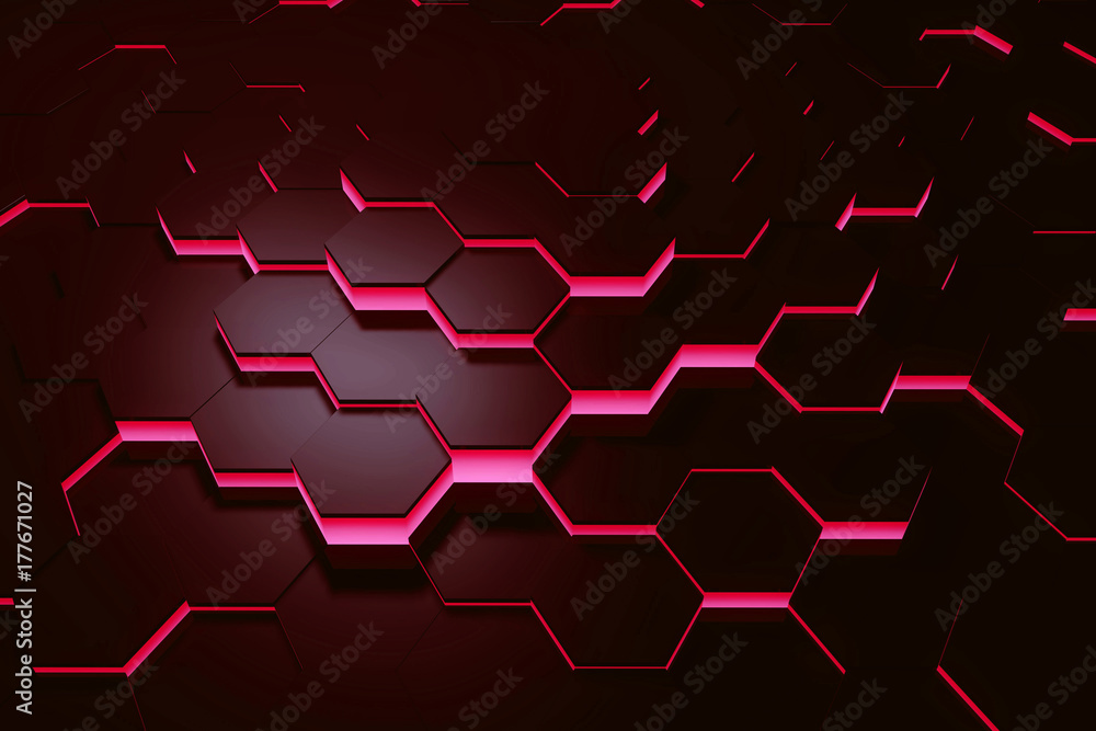 Poster glowing red hexagon pattern background. 3d rendering