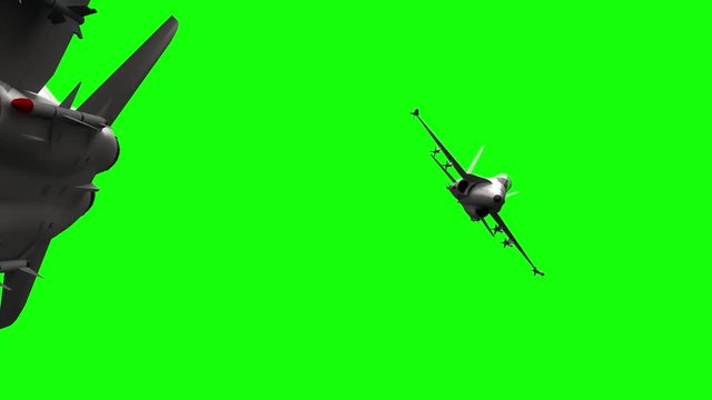 3d rendered animation of fighter jet in flight on green screen
