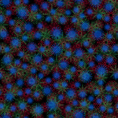 Multicolored snowflakes on a black background. Beautiful abstract background. Seamless pattern.