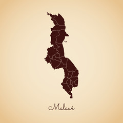 Malawi region map: retro style brown outline on old paper background. Detailed map of Malawi regions. Vector illustration.