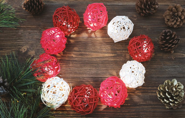Rattan balls on old wooden background,celebration theme happiness party