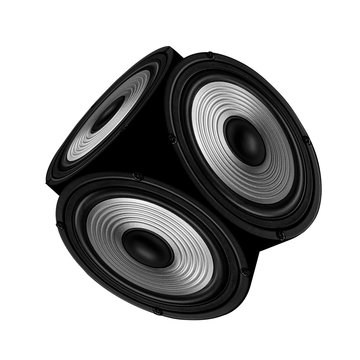 Concept of surround sound. Object with three audio speakers on white, isolated background.