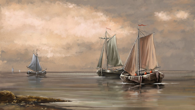 Sea landscape paintings, fisherman, boats, ships, art, digital oil paint.