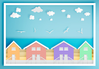 Beach house with ocean background frame paper art