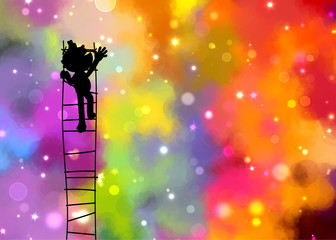 " Keep calm and go higher to reach the Success star "  magical glitter glow background with silhouette cartoon of man use the stair to reach the success star which one that glow on rainbow sky © QuietWord